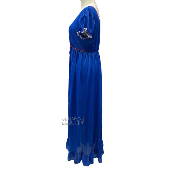 Vintage Lorraine Blue Boho Maxi Dress w/ Embroidered Trim & Ruffle Hem - Picture 4 of 7